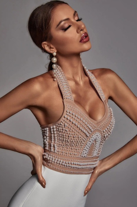Rochie alba cu perle Leya [2]