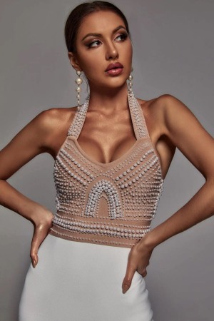 Rochie alba cu perle Leya [2]