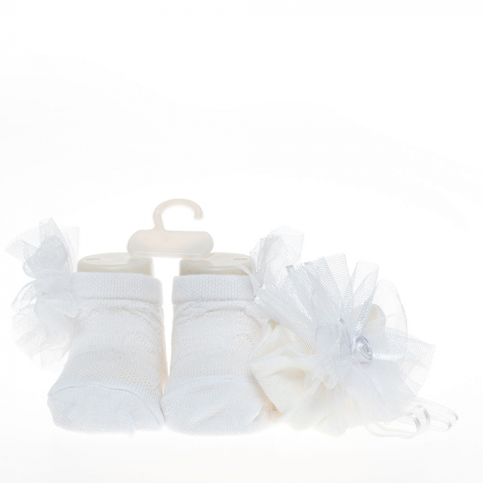 Set 2 piese bebe bentita si o pereche de sosete model floricica alb 0-6 luni [5]