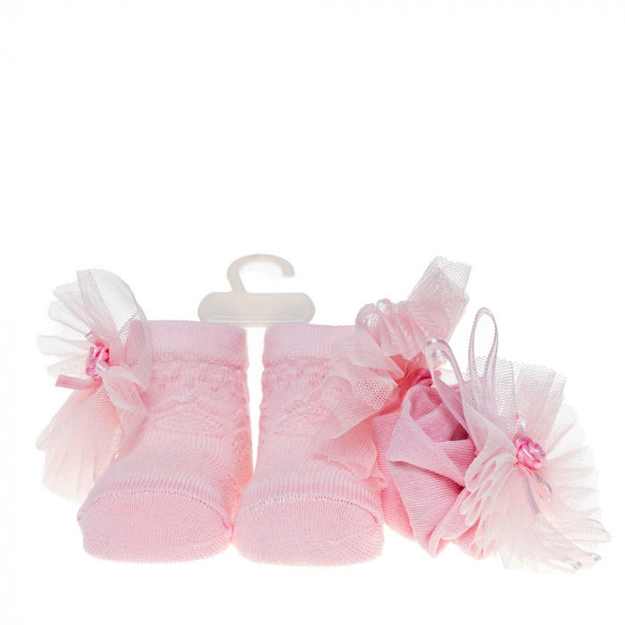 Set 2 piese bebe bentita si o pereche de sosete model floricica roz [2]