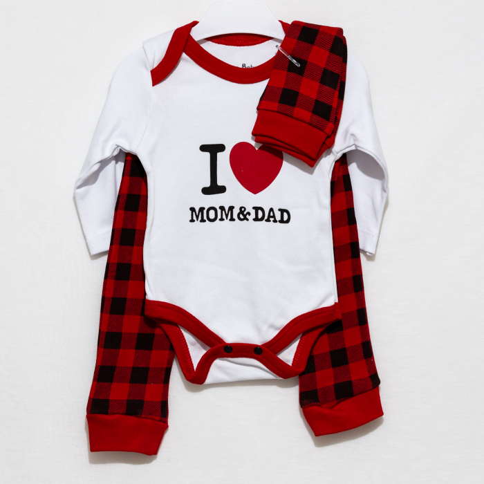 Set 3 piese bebe caciulita body pantaloni I love Mom&Dad [5]