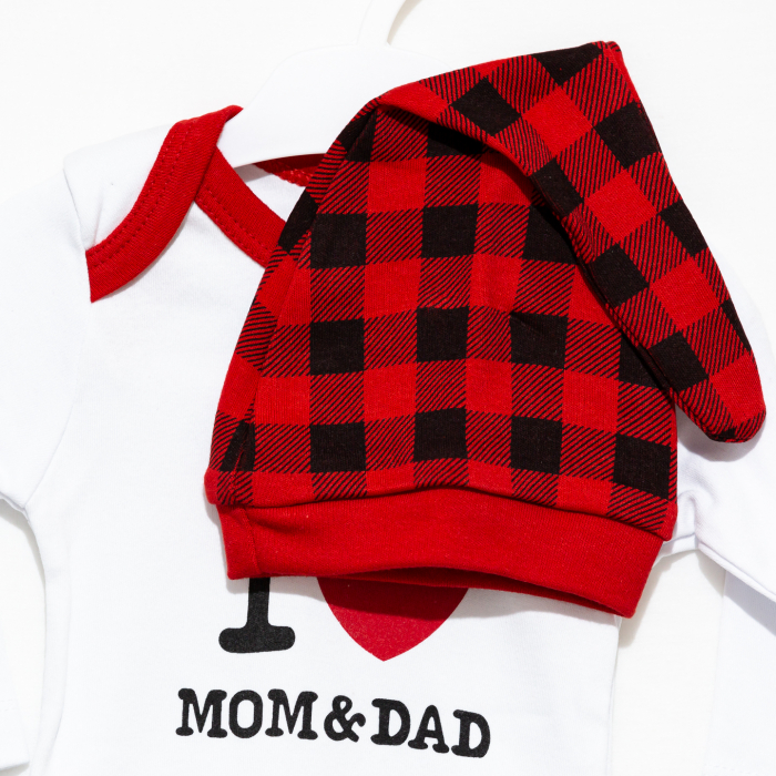Set 3 piese bebe caciulita body pantaloni I love Mom&Dad [2]