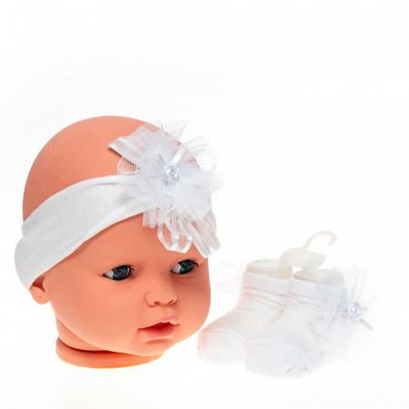 Căciulițe-Bentițe-Turbane-Papioane - Set 2 piese bebe bentita si o pereche de sosete model floricica alb 0-6 luni