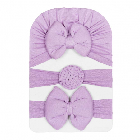 Căciulițe-Bentițe-Turbane-Papioane - Set 3 piese bebe turban si 2 bentite Lila