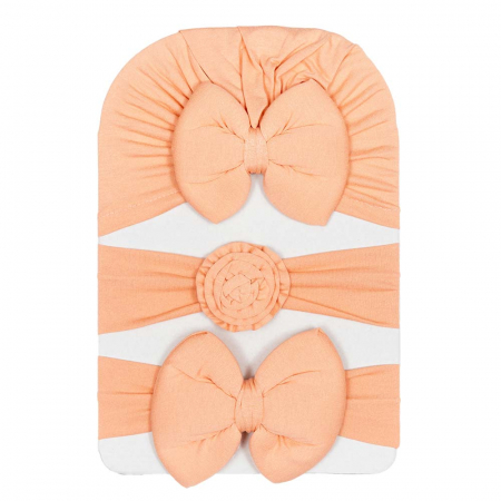 Căciulițe-Bentițe-Turbane-Papioane - Set 3 piese bebe turban si 2 bentite Somon