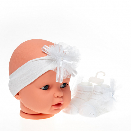 Căciulițe-Bentițe-Turbane-Papioane - Set 2 piese bebe bentita si o pereche de sosete model fundita alb 0-6 luni