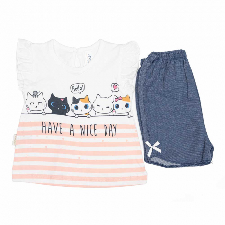 Fete - set de vara bebe Pisicute tricou si pantaloni scurti