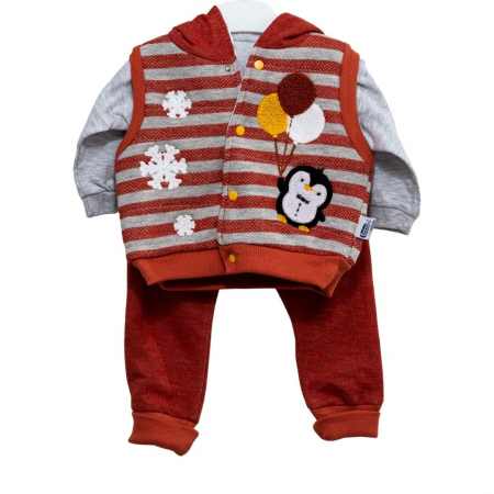 Compleuri - Set 3 piese - Set 3 piese copii vesta cu bluza si pantaloni Pinguin