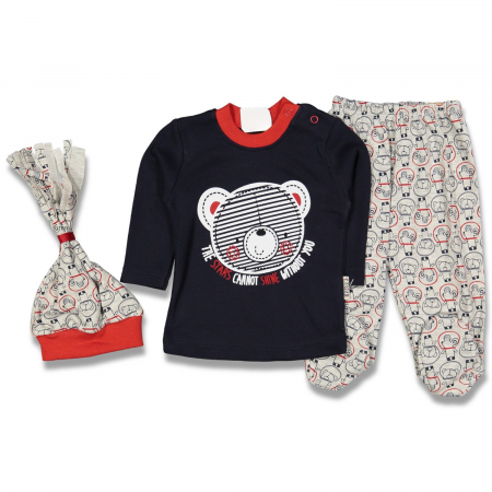 Compleuri - Set 3 piese - Compleu bebe caciulita bluza pantaloni Bear