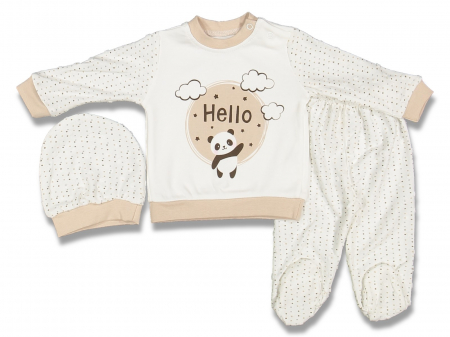 Compleuri - Set 3 piese - Set 3 piese bebe caciulita cu bluza si pantaloni Hello