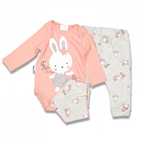 Compleuri - Set 3 piese - Set Bebe Fetiță Iepuras- Body, Pantaloni și Bavetica