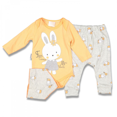 Compleuri - Set 3 piese - Set Bebe Fetiță Iepuras- Body, Pantaloni și Bavetica