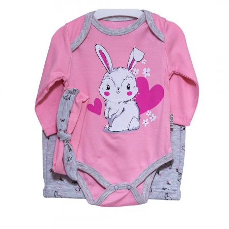 Compleuri - Set 3 piese - Compleu Fetiță Iepuras- Bentita, Body și Pantaloni