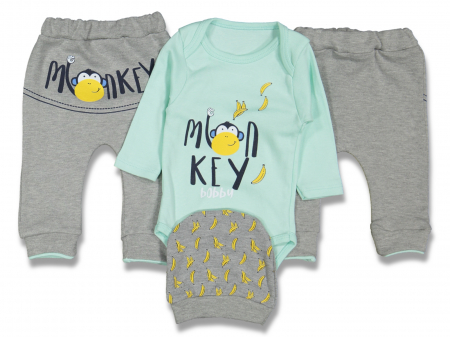 Compleuri - Set 3 piese - Compleu de 3 Piese pentru Copii Monkey-Caciulita Body Pantaloni