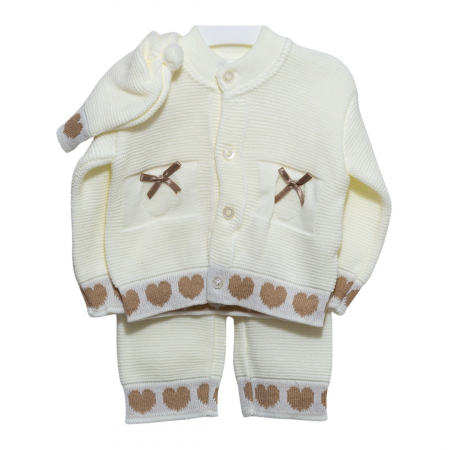 Compleuri - Set 3 piese - Compleu bebe caciulita cu pulovaras si pantaloni Tricot