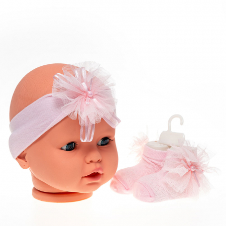 Căciulițe-Bentițe-Turbane-Papioane - Set 2 piese bebe bentita si o pereche de sosete model fundita roz