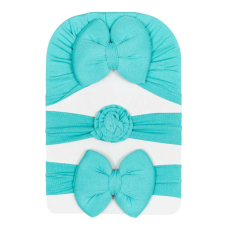 Căciulițe-Bentițe-Turbane-Papioane - Set 3 piese bebe turban si 2 bentite Turqoise