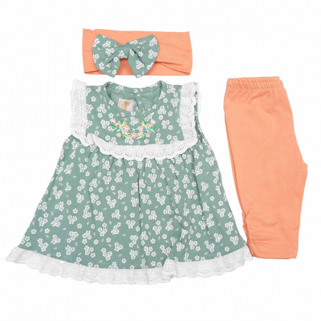 Compleuri - Set 3 piese - costumase bebelusi fete Flowers bentita cu colanti si rochie vaporoasa