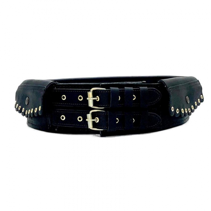 Chimir traditional din piele naturala, 2 catarame negru, 87x10 cm [1]