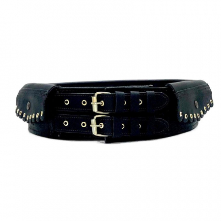 Chimire barbati - Chimir traditional din piele naturala, 2 catarame negru, 81x10 cm