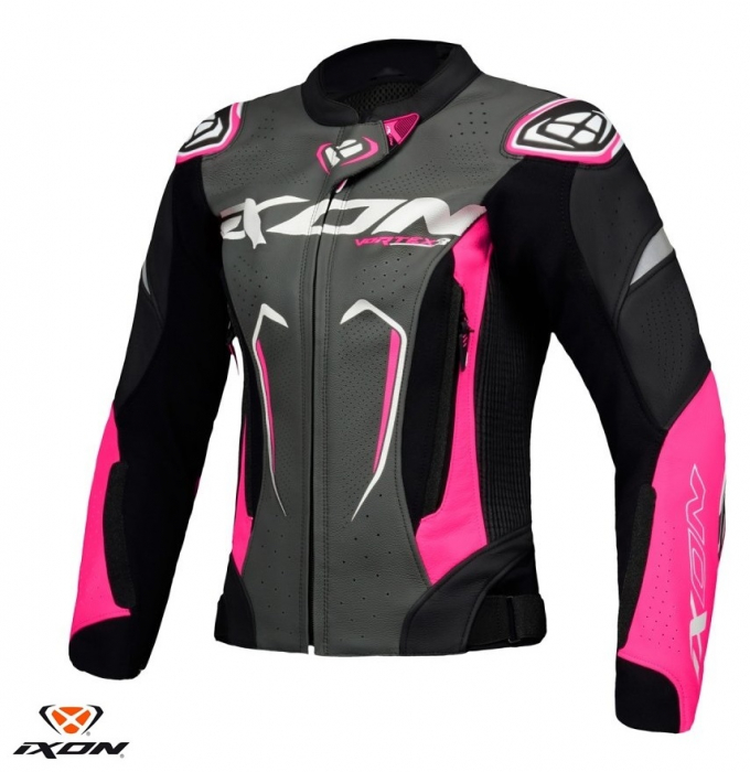 Geaca (jacheta) motociclete femei piele Racing Ixon vara model Vortex 3 LS culoare: negru/roz/alb [1]