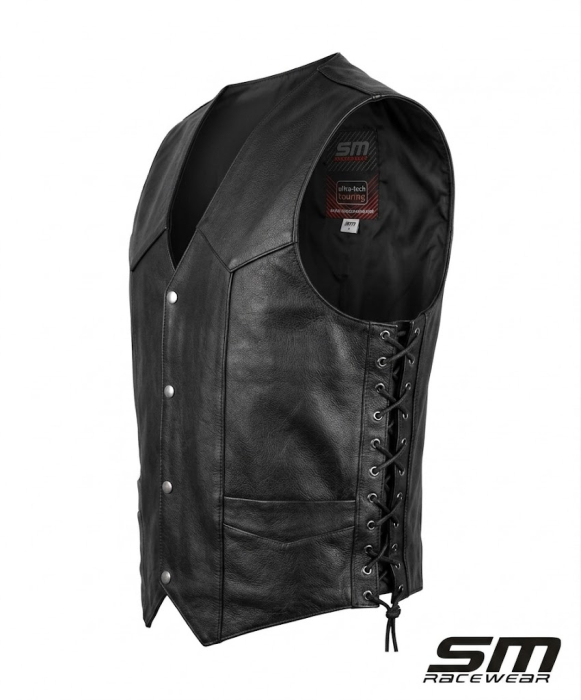Vestă moto SM Racewear Șnur – piele naturală, capse, reglaje laterale [3]