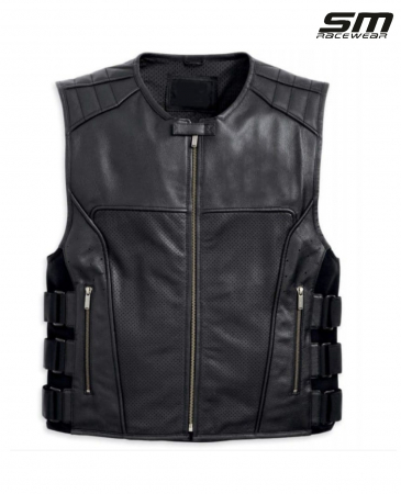 ECHIPAMENTE - Vesta moto din piele naturala perforata SM Racewear Venti - Barbati - Urban - Reglaje Velcro si fermoare metalice - Negru