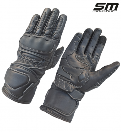 ECHIPAMENTE - Manusi moto din piele naturala SM Racewear Road - Barbati - Sport/Touring - Cu protectii monturi, degete si antebrat - Aderenta excelenta - Negru