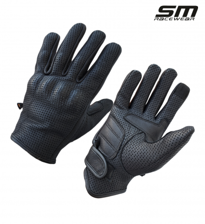 ECHIPAMENTE - Manusi moto din piele naturala perforata SM Racewear Tornado Wind - Barbati - Vara - Ventilate, cu piele dublata in palma - Negru