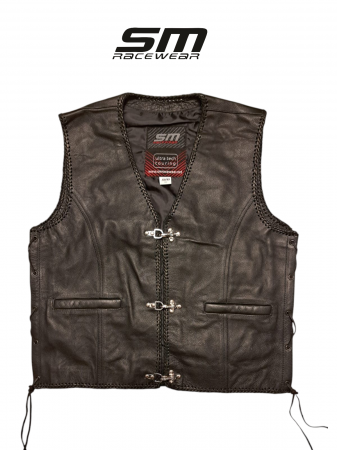 ECHIPAMENTE - Vesta moto SM Racewear Sinister - piele bovina groasa, croiala în V, margini impletite si inchidere cu carabine metalice