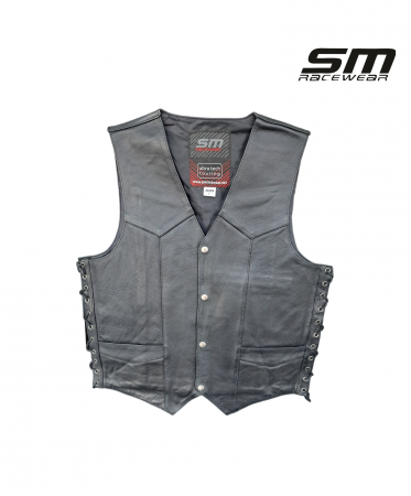 ECHIPAMENTE - Vesta moto din piele naturala SM Racewear Snur - Barbati - Clasica - Prindere cu capse si reglaje laterale cu snur - Negru