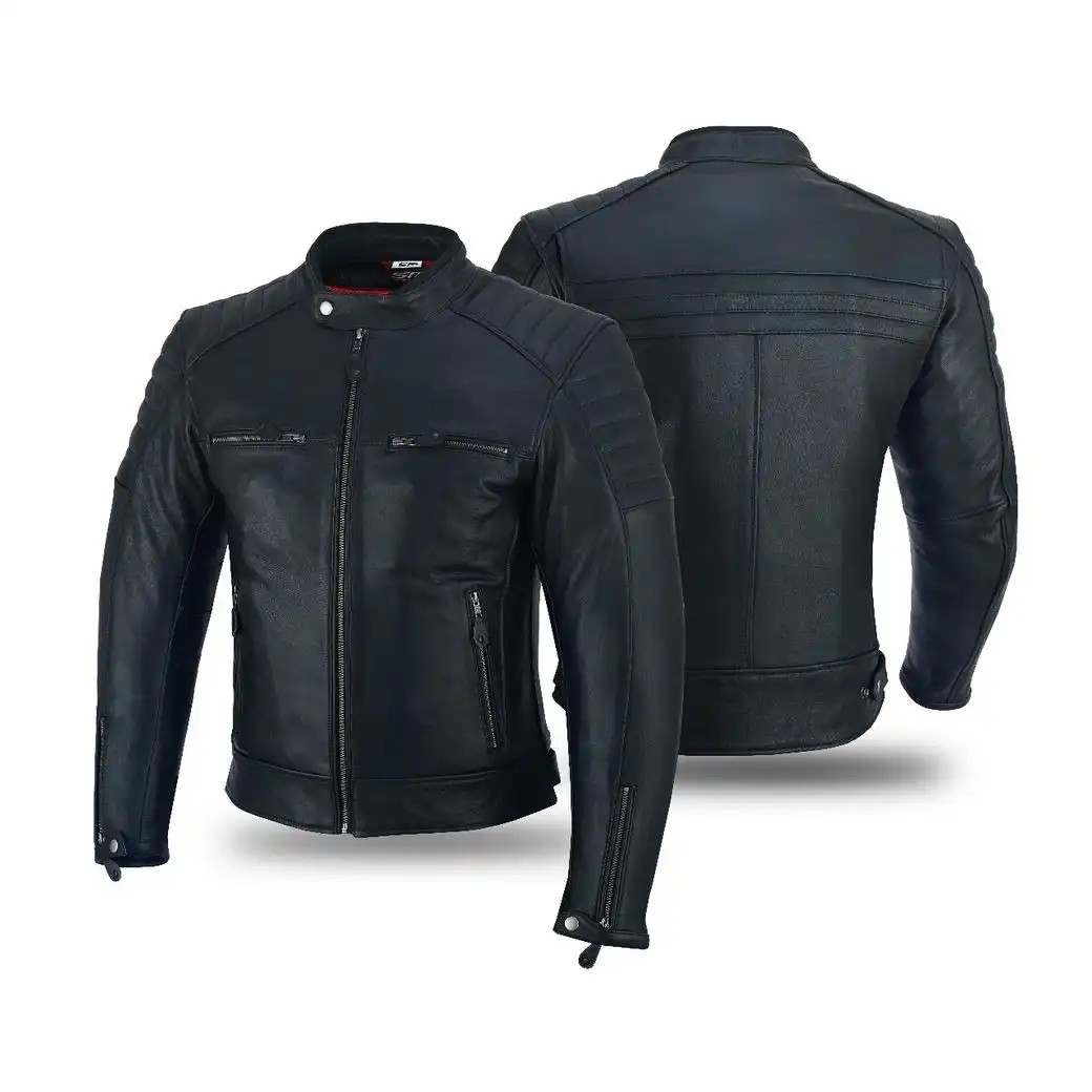 Geaca moto din piele naturala SM Racewear Curtis - Barbati - Protectii CE - Captuseala detasabila - Negru [1]