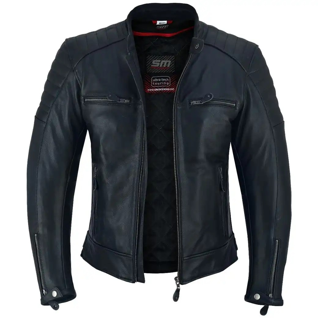 Geaca moto din piele naturala SM Racewear Curtis - Barbati - Protectii CE - Captuseala detasabila - Negru [2]