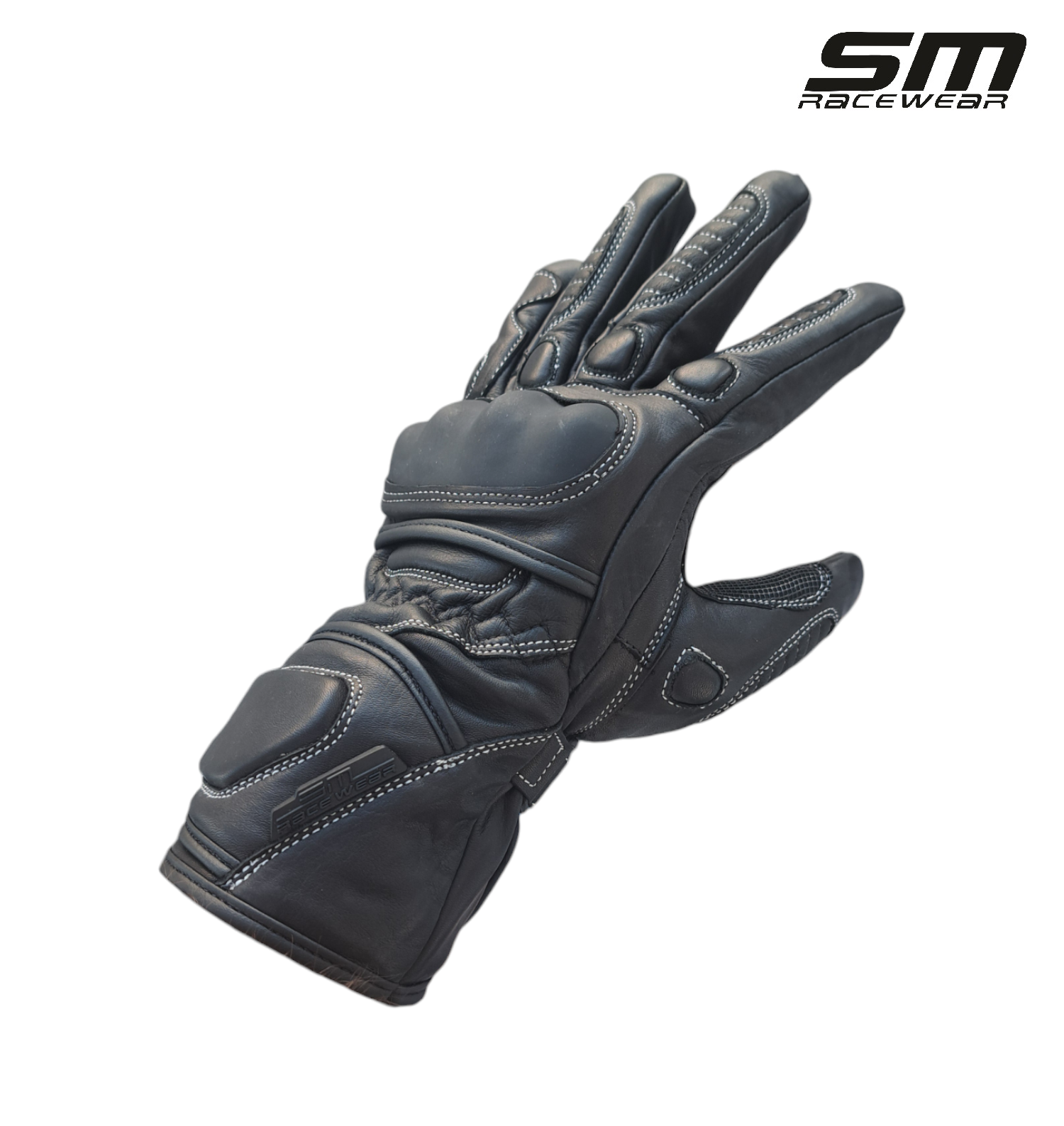 Manusi moto din piele naturala SM Racewear Road - Barbati - Sport/Touring - Cu protectii monturi, degete si antebrat - Aderenta excelenta - Negru [1]