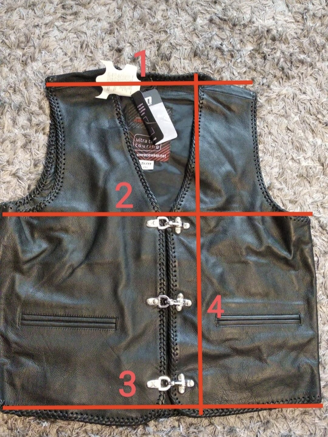 Vesta moto SM Racewear Sinister - piele bovina groasa, croiala în V, margini impletite si inchidere cu carabine metalice [3]