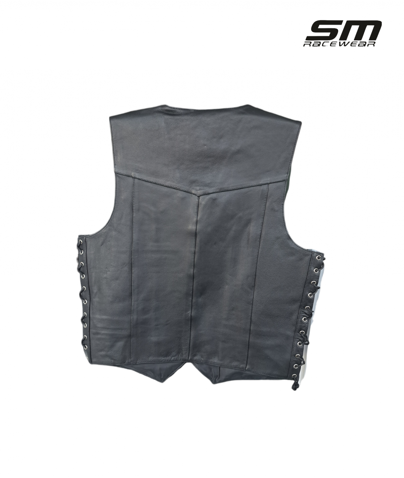 Vesta moto din piele naturala SM Racewear Snur - Barbati - Clasica - Prindere cu capse si reglaje laterale cu snur - Negru [1]