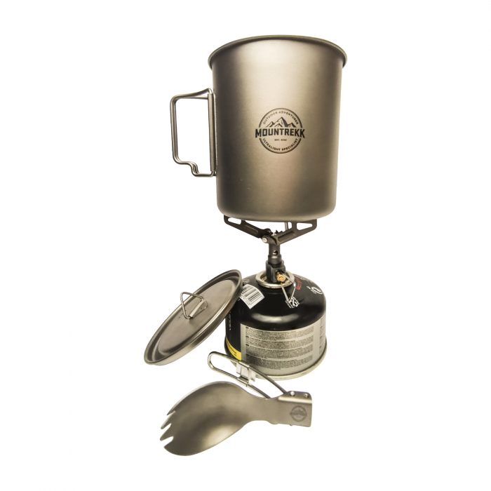 Set camping (cana, arzator si spork pliabil) din titan, 550ml, 154gr - CADOU o Prastie din lemn [4]