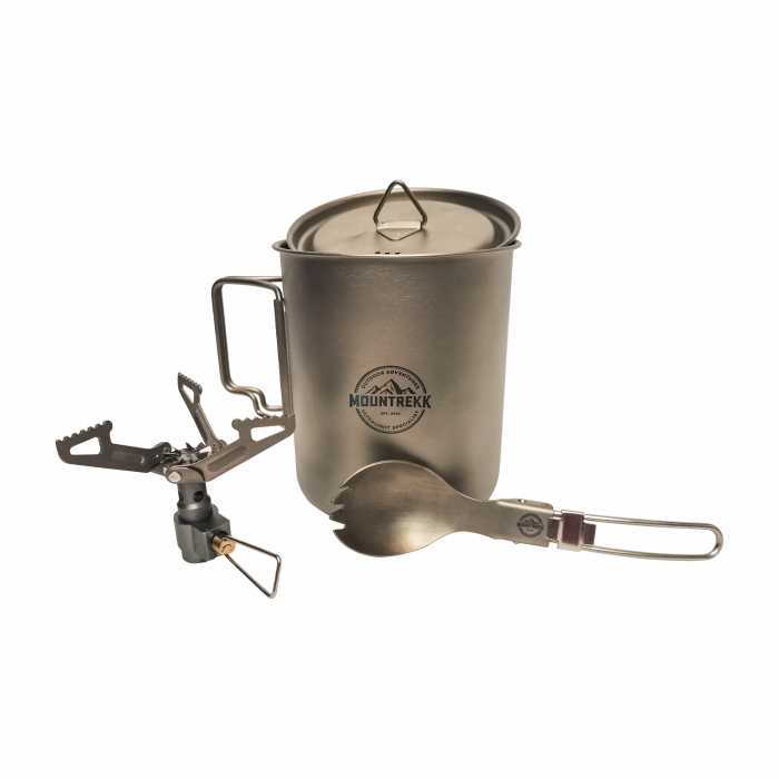 Set camping (cana, arzator si spork pliabil) din titan, 550ml, 154gr - CADOU o Prastie din lemn [5]