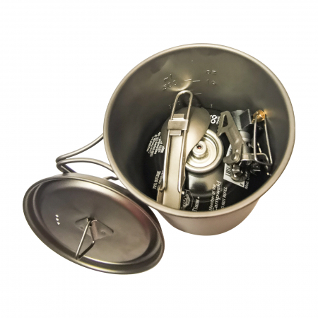Set camping (cana, arzator si spork pliabil) din titan, 550ml, 154gr - CADOU o Prastie din lemn [5]