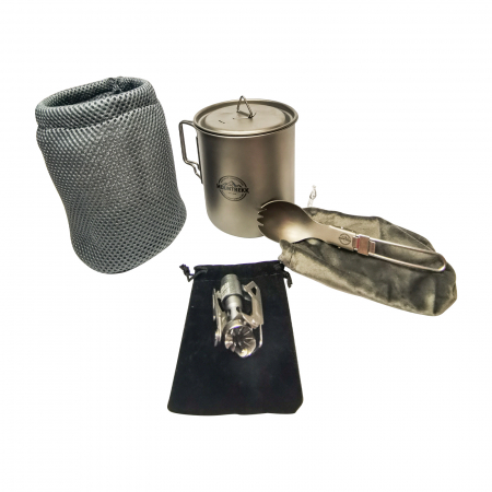 Set camping (cana, arzator si spork pliabil) din titan, 550ml, 154gr - CADOU o Prastie din lemn [6]
