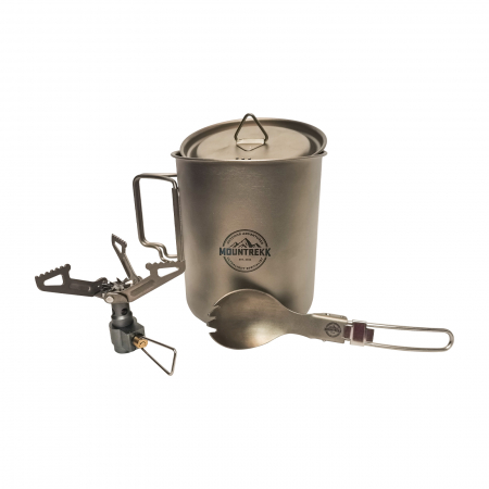 Set camping (cana, arzator si spork pliabil) din titan, 550ml, 154gr - CADOU o Prastie din lemn [4]