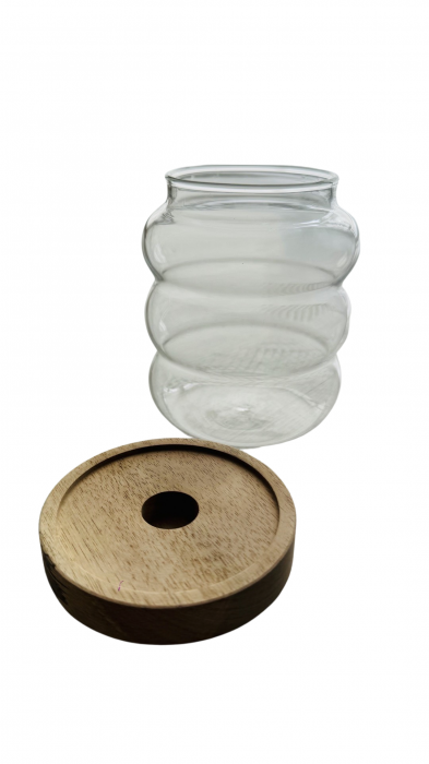 Borcan din sticla, cu capac din lemn, model minimalist, capacitate 650 ml [3]