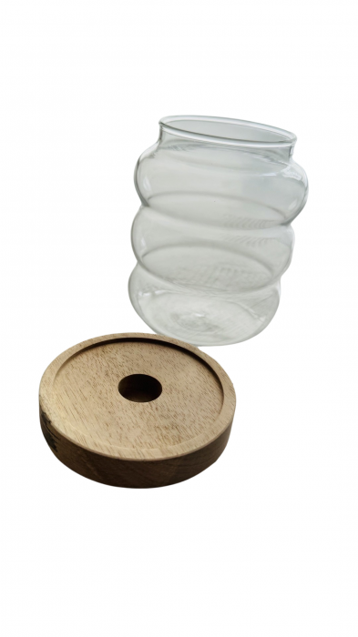 Borcan din sticla, cu capac din lemn, model minimalist, capacitate 650 ml [2]