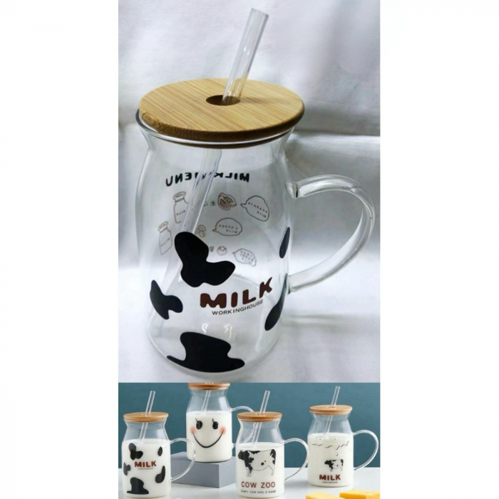 Cana sticla maner, capac din lemn si pai, model Milky, 500 ml [4]