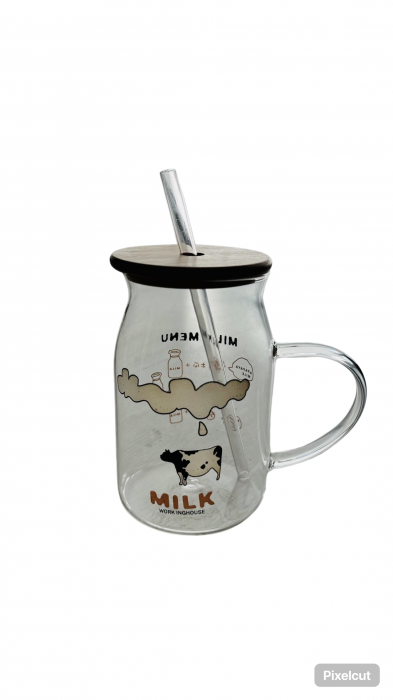 Cana sticla maner, capac din lemn si pai, model Milky, 500 ml [2]