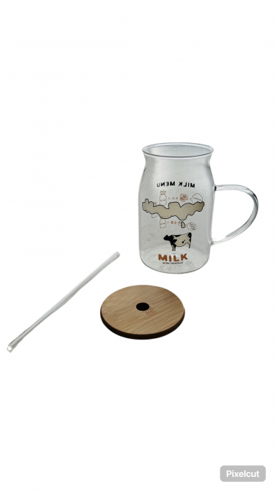 Cana sticla maner, capac din lemn si pai, model Milky, 500 ml [3]