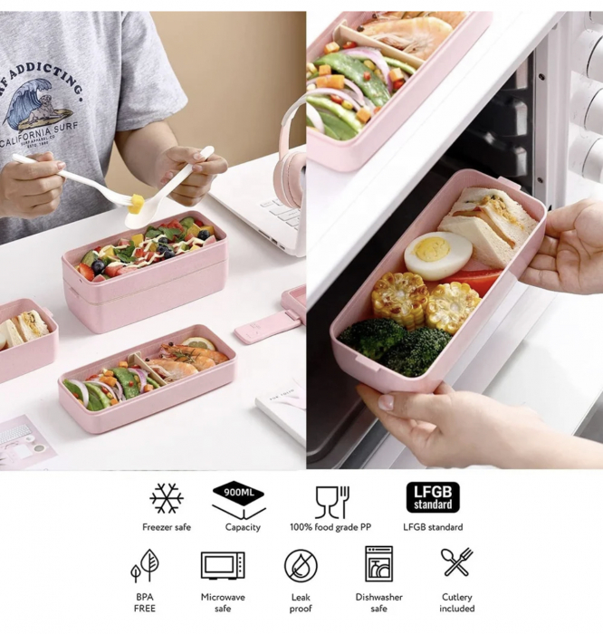 Caserola pentru mancare, 3 spatii depozitare, tacamuri incluse, 900ml, Bento Lunch Box [3]