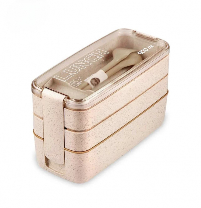 Caserola pentru mancare, 3 spatii depozitare, tacamuri incluse, 900ml, Bento Lunch Box [10]