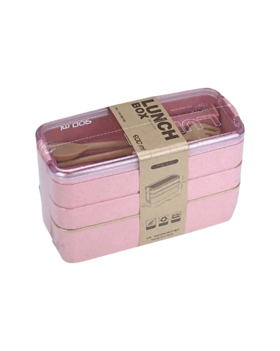 Caserola pentru mancare, 3 spatii depozitare, tacamuri incluse, 900ml, Bento Lunch Box [12]