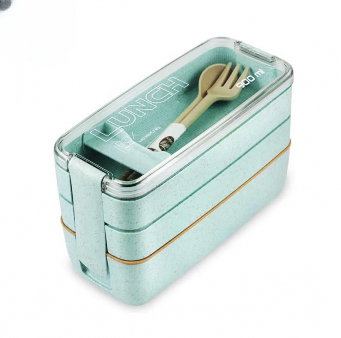 Caserola pentru mancare, 3 spatii depozitare, tacamuri incluse, 900ml, Bento Lunch Box [11]